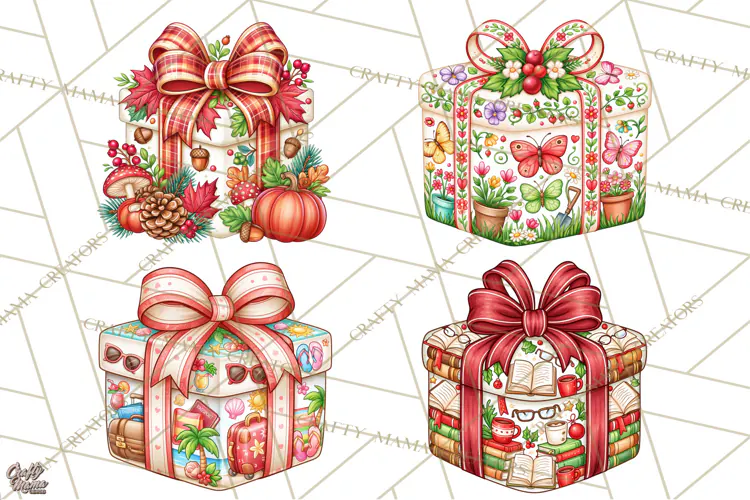 Multi Christmas Gifts Clipart PNG, Themed Wrapped Presents