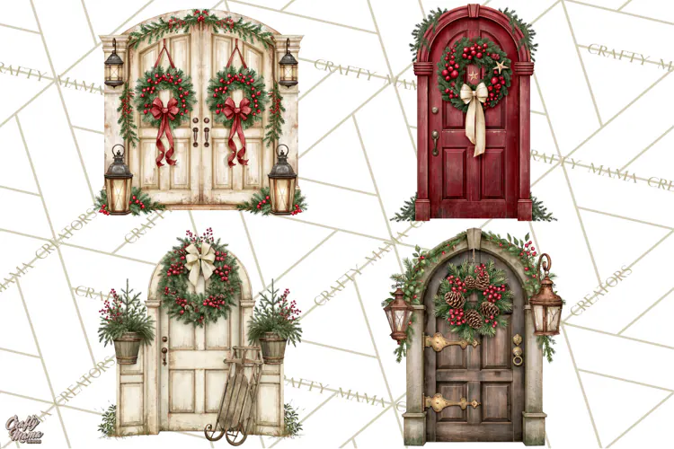 Vintage Christmas Door Clipart, Christmas Door PNG, Holiday