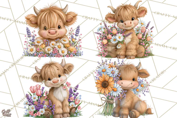 Highland Cow Flower Clipart PNG, Floral Cow Clipart, Farm
