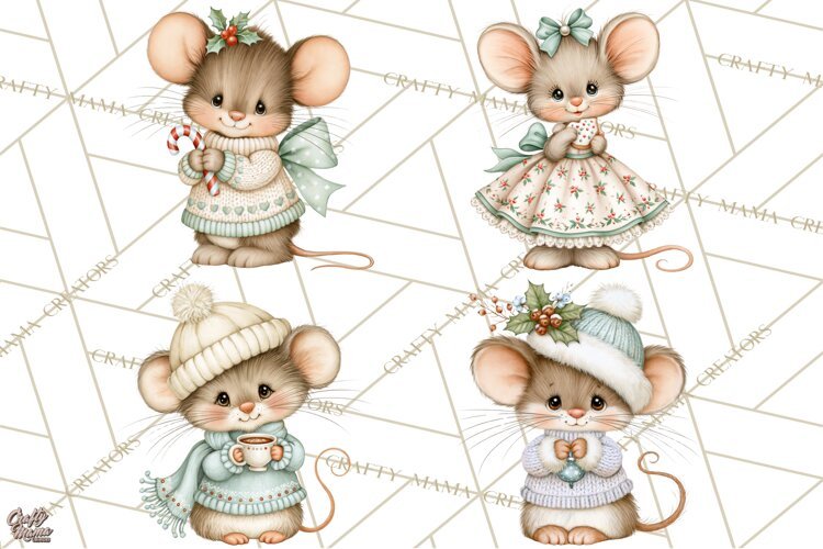 Christmas Mouse Clipart, Pastel Holiday Mice PNG, Nursery example image 1
