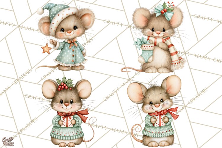 Christmas Mouse Clipart, Pastel Holiday Mice PNG, Nursery example image 1