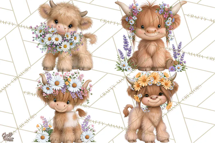Highland Cow Flower Clipart PNG, Floral Cow Clipart, Farm