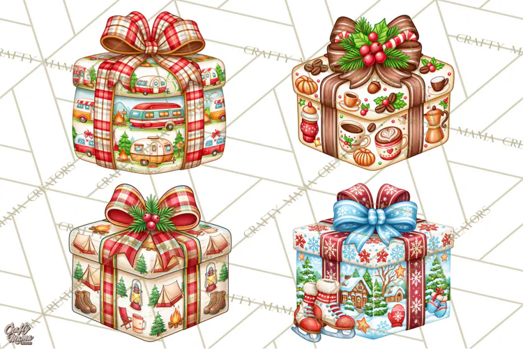 Multi Christmas Gifts Clipart PNG, Themed Wrapped Presents
