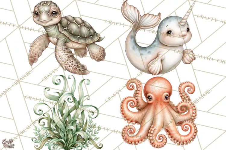 Ocean Animals Clipart Watercolor PNG, Sea Life Graphics