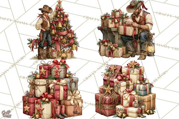 Western Christmas Clipart PNG, Cowboy Christmas, Rustic