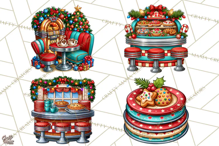 Christmas Retro Diner Clipart PNG 1950s Holiday Food & Decor