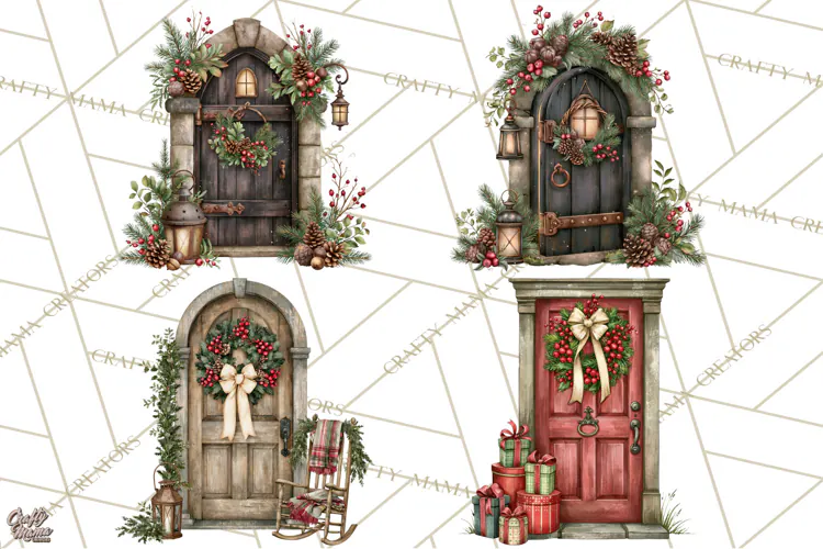Vintage Christmas Door Clipart, Christmas Door PNG, Holiday