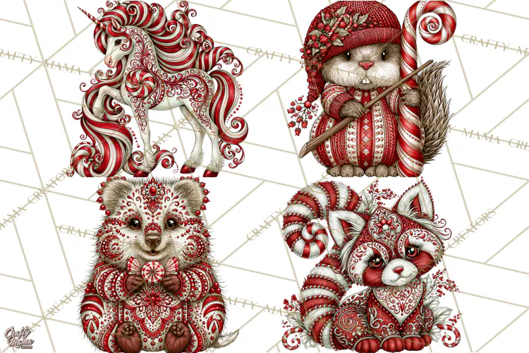 Whimsical Peppermint Animal PNG Christmas Clipart
