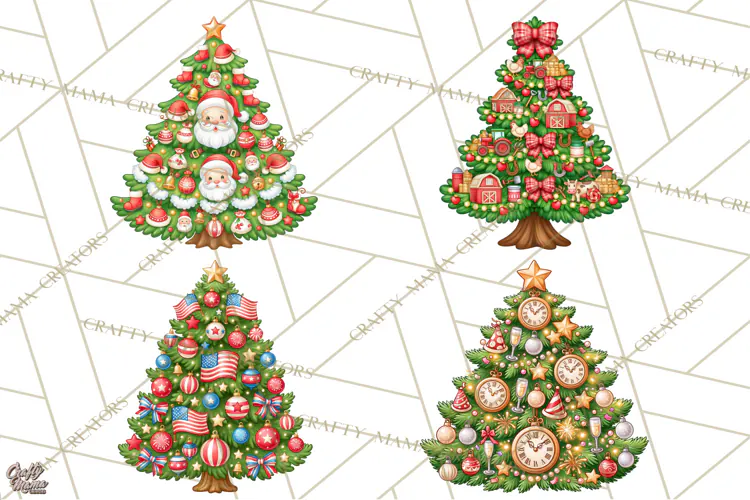 Multi Themed Christmas Trees Clipart PNG