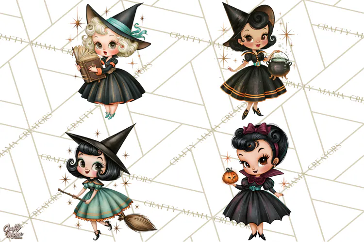 Vintage Halloween Characters Clipart, Retro Witch PNG, 1950s