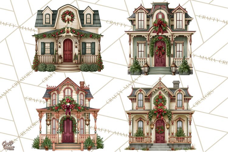 Vintage Christmas Homes Clipart, Christmas House PNG example image 1