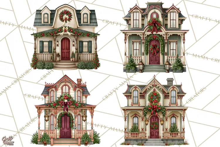 Vintage Christmas Homes Clipart, Christmas House PNG