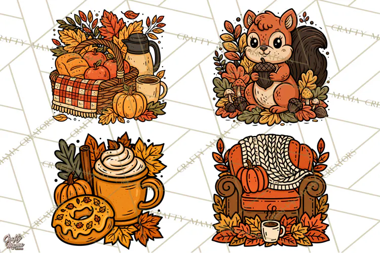 Cozy Fall Clipart PNG Autumn Harvest Illustrations