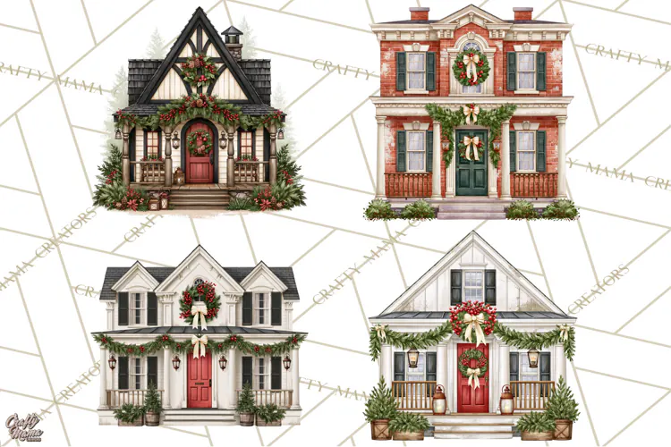 Vintage Christmas Homes Clipart, Christmas House PNG