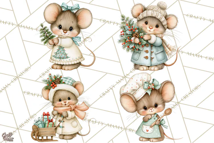 Christmas Mouse Clipart, Pastel Holiday Mice PNG, Nursery