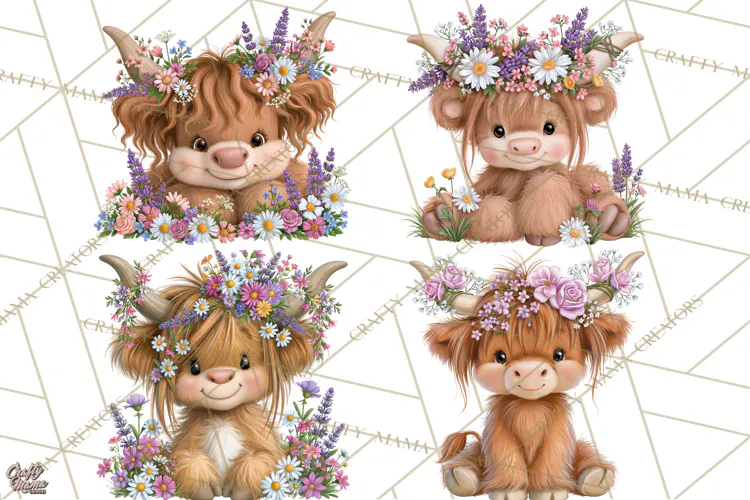 Highland Cow Flower Clipart PNG, Floral Cow Clipart, Farm