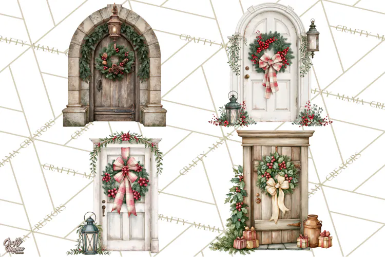 Vintage Christmas Door Clipart, Christmas Door PNG, Holiday