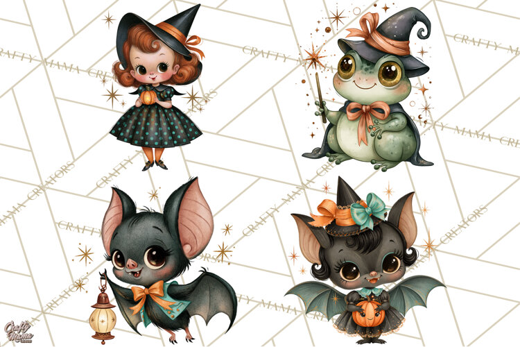 Vintage Halloween Characters Clipart, Retro Witch PNG, 1950s example image 1