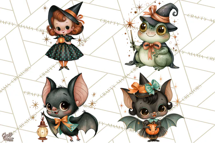 Vintage Halloween Characters Clipart, Retro Witch PNG, 1950s