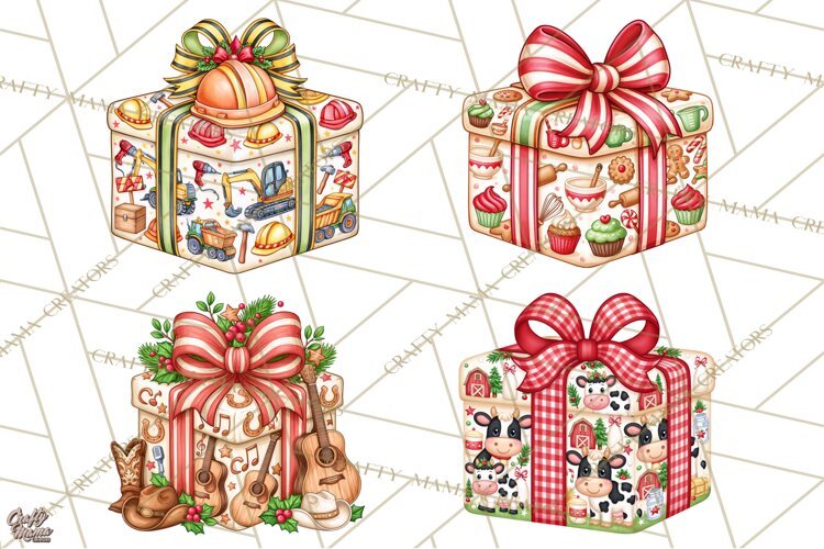 Multi Christmas Gifts Clipart PNG, Themed Wrapped Presents example image 1