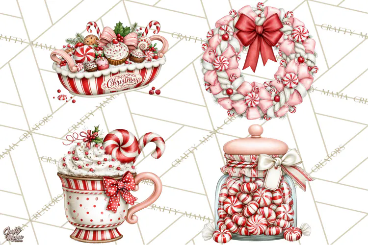 Peppermint Christmas Treasures Clipart PNG, Candy Cane