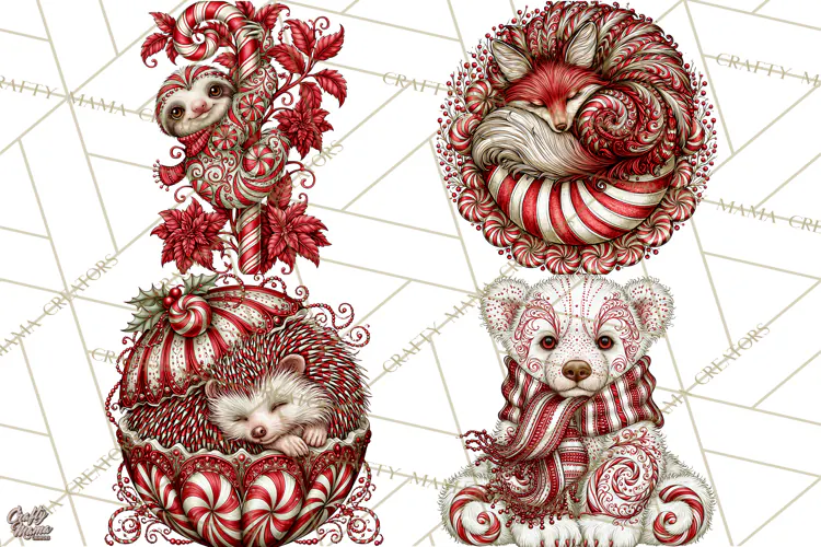 Whimsical Peppermint Animal PNG Christmas Clipart