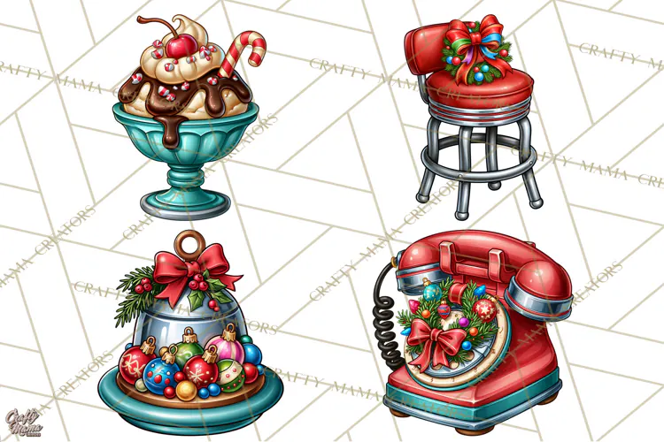 Christmas Retro Diner Clipart PNG 1950s Holiday Food & Decor