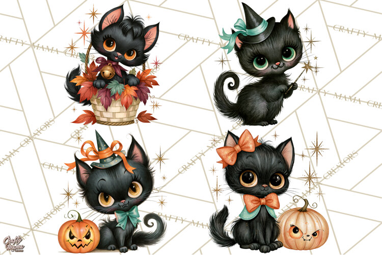 Vintage Halloween Characters Clipart, Retro Witch PNG, 1950s example image 1