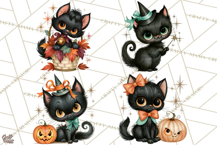 Vintage Halloween Characters Clipart, Retro Witch PNG, 1950s
