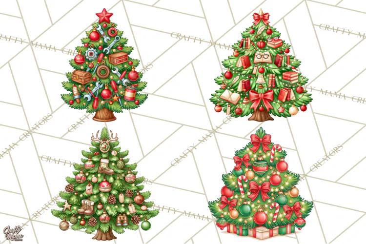 Multi Themed Christmas Trees Clipart PNG