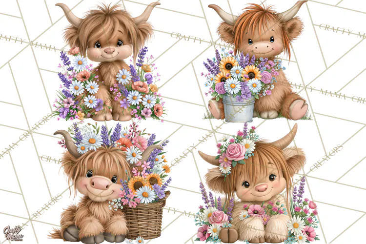 Highland Cow Flower Clipart PNG, Floral Cow Clipart, Farm