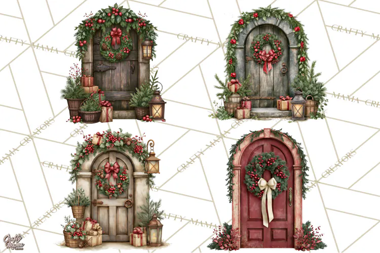 Vintage Christmas Door Clipart, Christmas Door PNG, Holiday