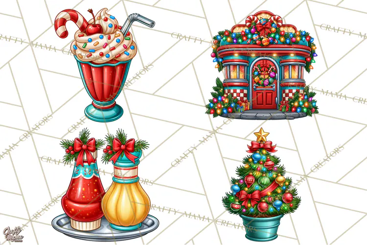 Christmas Retro Diner Clipart PNG 1950s Holiday Food & Decor