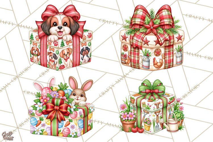 Multi Christmas Gifts Clipart PNG, Themed Wrapped Presents example image 1