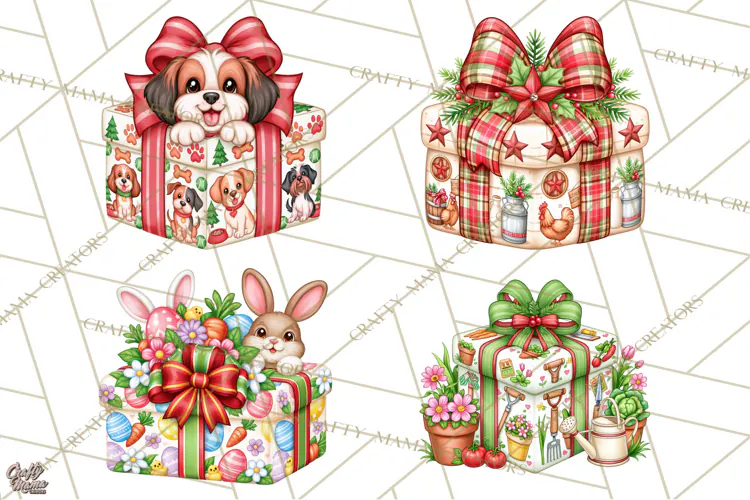 Multi Christmas Gifts Clipart PNG, Themed Wrapped Presents