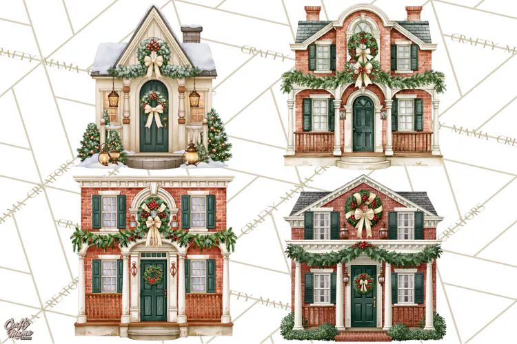 Vintage Christmas Homes Clipart, Christmas House PNG