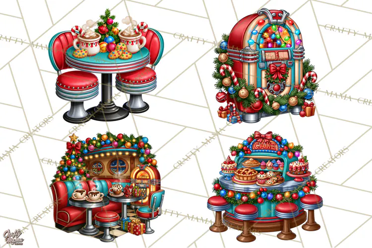 Christmas Retro Diner Clipart PNG 1950s Holiday Food & Decor