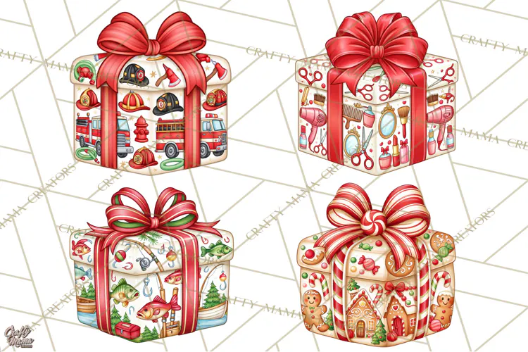 Multi Christmas Gifts Clipart PNG, Themed Wrapped Presents