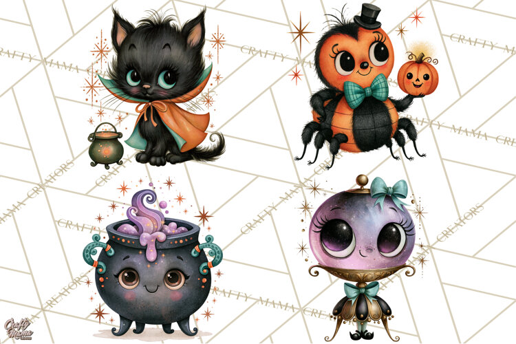 Vintage Halloween Characters Clipart, Retro Witch PNG, 1950s example image 1