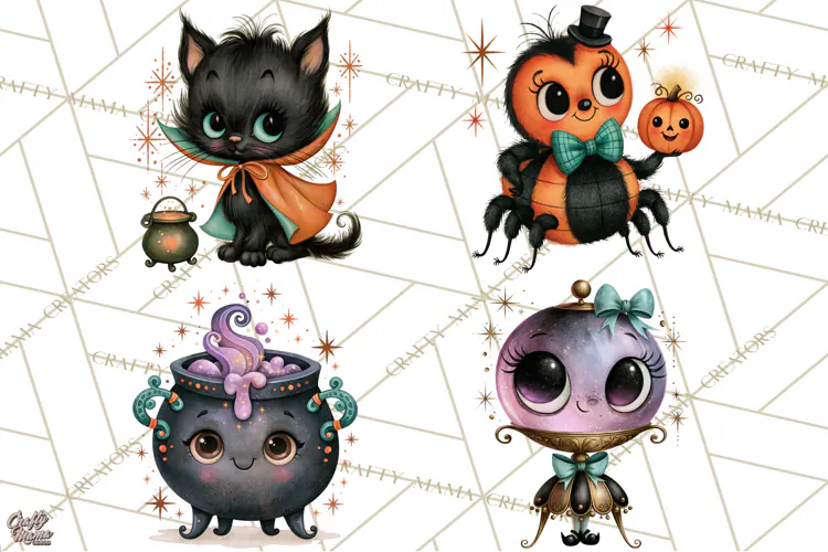 Vintage Halloween Characters Clipart, Retro Witch PNG, 1950s