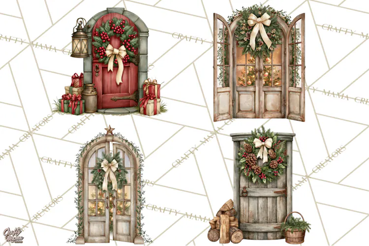 Vintage Christmas Door Clipart, Christmas Door PNG, Holiday