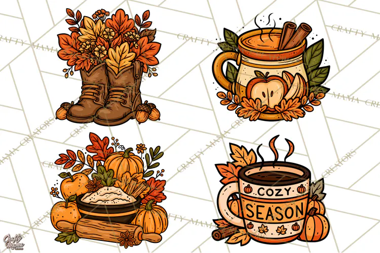 Cozy Fall Clipart PNG Autumn Harvest Illustrations
