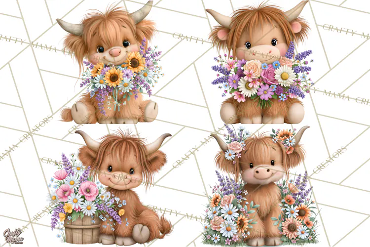 Highland Cow Flower Clipart PNG, Floral Cow Clipart, Farm