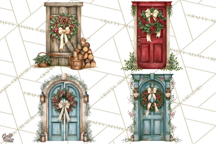 Vintage Christmas Door Clipart, Christmas Door PNG, Holiday