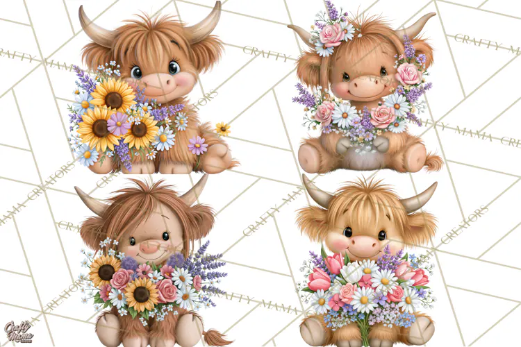 Highland Cow Flower Clipart PNG, Floral Cow Clipart, Farm