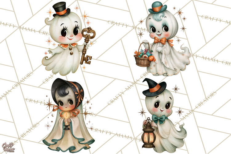 Vintage Halloween Characters Clipart, Retro Witch PNG, 1950s example image 1