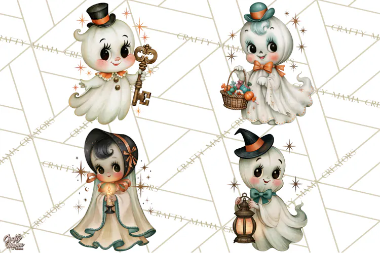 Vintage Halloween Characters Clipart, Retro Witch PNG, 1950s