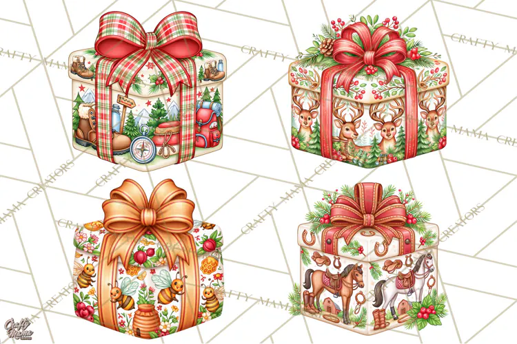 Multi Christmas Gifts Clipart PNG, Themed Wrapped Presents