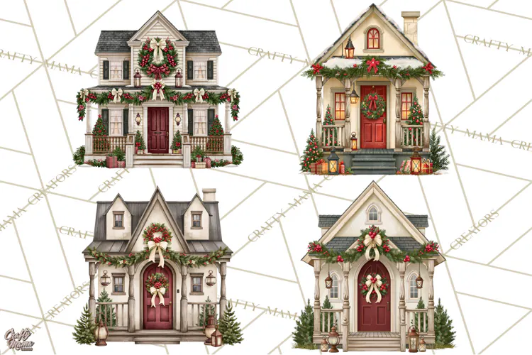 Vintage Christmas Homes Clipart, Christmas House PNG