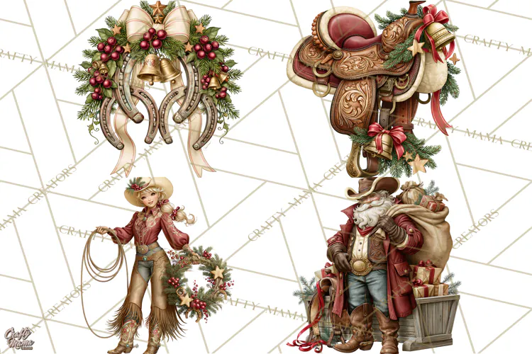 Western Christmas Clipart PNG, Cowboy Christmas, Rustic